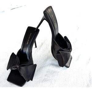 Azalea Wang Black Satin Bow Mule Heels Square Toe Stiletto Slides Size 8